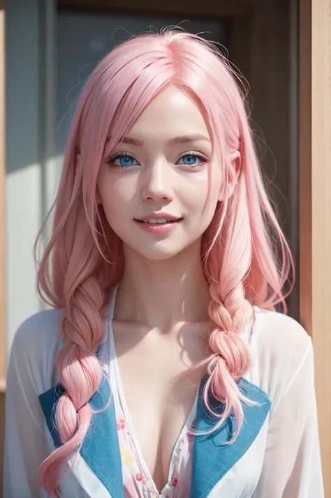 The joy of the film, with pink hair, light yellow skin and blue eyes
