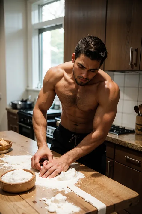 Real image of a latin model man with short black hair athletic body, short beard, shirtless, pants, kneading a dough on a table with flour in a kitchen. natural daylight.