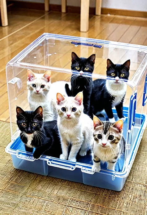 In this photo、It shows five cats in a clear plastic box.。Each box has casters、The cats are lined up on the floor。It&#39;s connected like a train。From left to right、Each cat has a different coat color and pattern.。All the cats are sitting、While lying down、I...