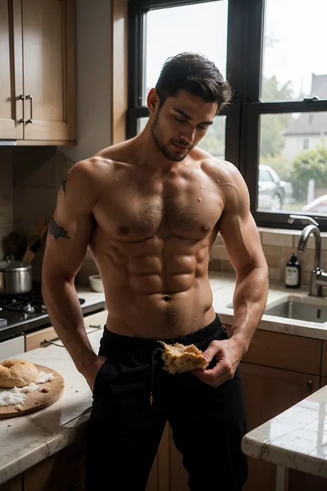 Real image of a latin model man with short black hair athletic body, short beard, shirtless, pants, kneading a dough on a table with flour in a kitchen with a large window. natural daylight.