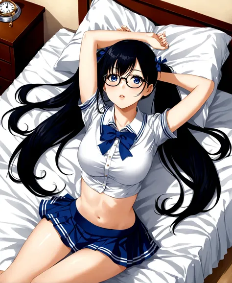 a highschool student, 17 years old, lying in bed, looking up at the ceiling, aerial view, stretching her arms, bending her legs, nostalgic, dark blue , blouse, jacket, folded mini-skirt, extremely long black hair combed in two pigtails, blue almond-shaped ...