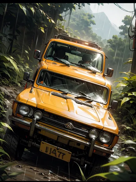 A rugged orange 4x4 vehicle drives through a muddy, rocky path in a lush, green jungle. Rain is falling, and the vehicle is covered in mud. The image is framed by tall trees and mountains in the distance. Write without spelling mistake, The text "ONE LIFE ...