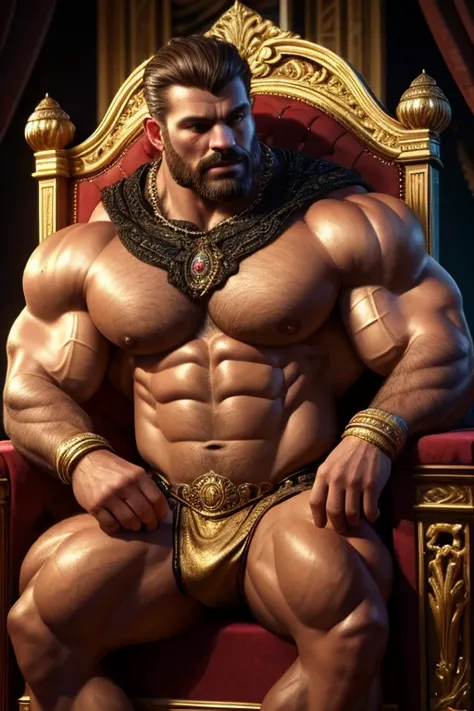 a burly, muscular man sitting on his throne, (very muscular man:1.5), (giant muscles:1.5), detailed face, detailed eyes, detailed nose, detailed lips, exquisite details, cinematic lighting, dramatic shadows, intricate ornate throne, opulent royal decor, (b...