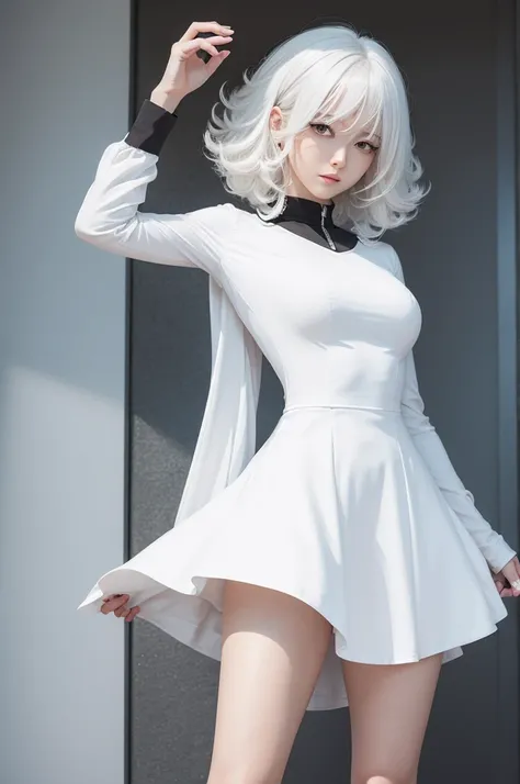 Oc Female one punch man style white hair Curly with a fitted dress