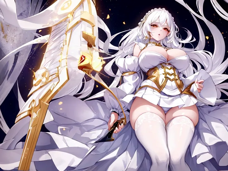 Woman, white hair, golden eyes, big breasts, white skin, golden corset, white and lilac clothes, holding a knife, short skirt, hot, pretty, good quality, goddess, pretty woman, alone, one woman, detailed clothes, big ass.