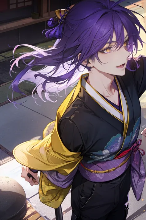 naughty man,purple hair, yellow  eyes, using a kimono for children, black cargo pants
