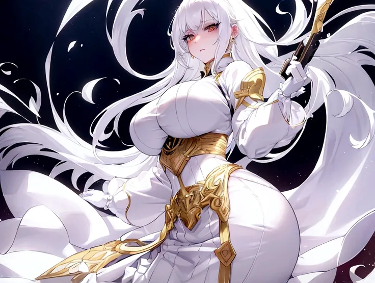 Woman, white hair, golden eyes, big breasts, white skin, golden corset, white and lilac clothes, holding a knife, short skirt, hot, pretty, good quality, goddess, pretty woman, alone, one woman, detailed clothes, big ass, short clothes, tight clothes