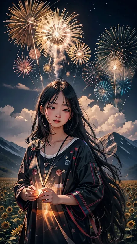 Landscape of sunflower field、firework、firework大会、Rainbow colorsのfireworkが打ちあがっている瞬間、夜nullとともに、Cyberpunk Mountain、サイバーパンクなひまわり景色で壮大なfirework、future都市、Highest quality、masterpiece, (Diffuse reflection of light:1.2), When the fantastic rainbow turns into shado...