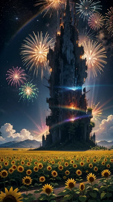 Landscape of sunflower field、firework、firework大会、Rainbow colorsのfireworkが打ちあがっている瞬間、夜nullとともに、Cyberpunk Mountain、サイバーパンクなひまわり景色で壮大なfirework、future都市、Highest quality、masterpiece, (Diffuse reflection of light:1.2), When the fantastic rainbow turns into shado...