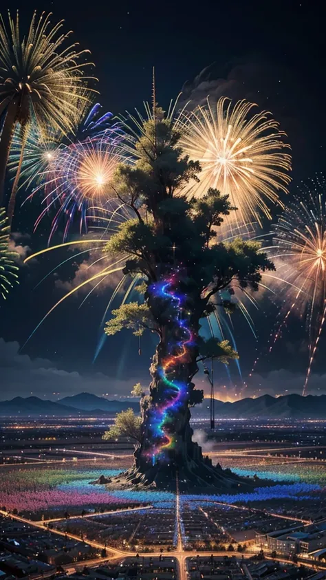 Landscape of sunflower field、firework、firework大会、Rainbow colorsのfireworkが打ちあがっている瞬間、夜nullとともに、Cyberpunk Mountain、サイバーパンクなひまわり景色で壮大なfirework、future都市、Highest quality、masterpiece, (Diffuse reflection of light:1.2), When the fantastic rainbow turns into shado...