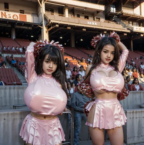 Highest quality，masterpiece，Ultra-high resolution, Very detailed, 8K，a 15 years old beautiful Japanese woman:1.5, Small face, Black Hair, blunt bangs, Breast Augmentation Surgery, (Fancy cheerleader outfit:1.5), Stadium seats