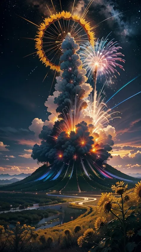 Landscape of sunflower field、firework、firework大会、Rainbow colorsのfireworkが打ちあがっている瞬間、夜nullとともに、Cyberpunk Mountain、サイバーパンクなひまわり景色で壮大なfirework、future都市、Highest quality、masterpiece, (Diffuse reflection of light:1.2), When the fantastic rainbow turns into shado...