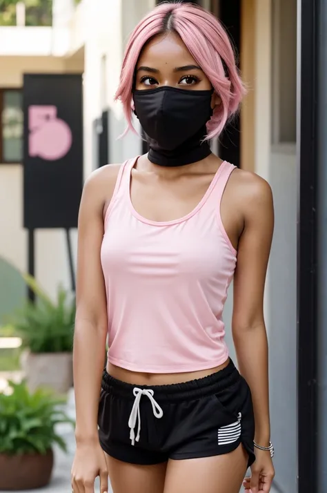 A girl with dark brown skin and white eyes. Black mask covering mouth and nose. Black jea. Shorts and pink tank top. Pink hair