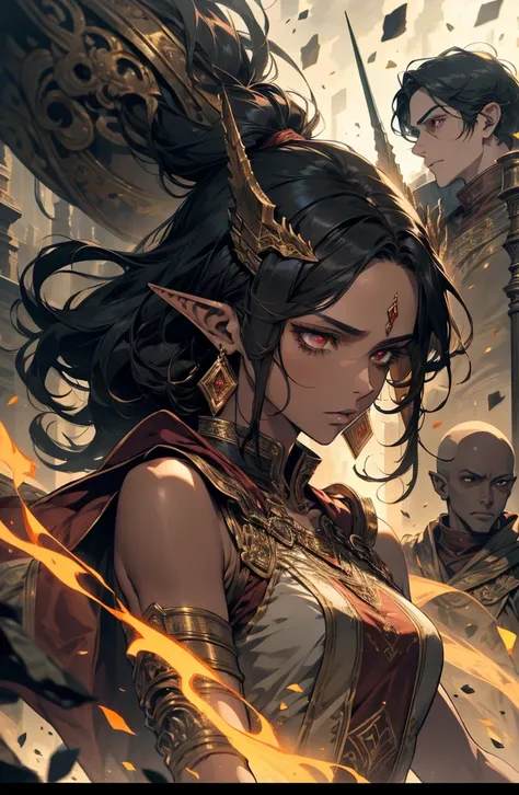 brown skin, older woman, sexy, tall, brown skin, one wing, black hair, elf, elf ears, horns, red eyes, sleeveless, warrior, yellow, dramatic composition