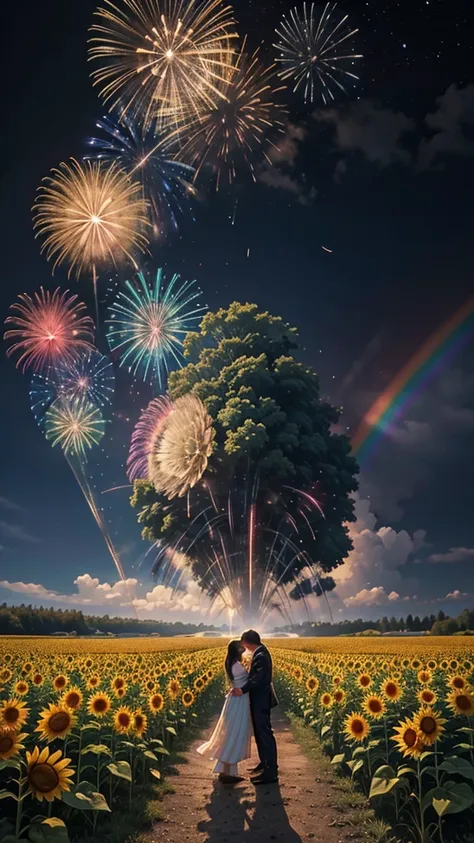 landscape of sunflower field、firework、firework大会、rainbow colorsのfireworkが打ちあがっている瞬間、夜nullとともに、サイバーパンクなひまわり景色で壮大なfirework、future都...