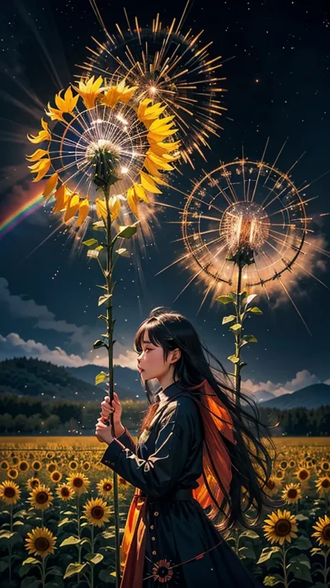 landscape of sunflower field、firework、firework大会、rainbow colorsのfireworkが打ちあがっている瞬間、夜nullとともに、サイバーパンクなひまわり景色で壮大なfirework、future都...