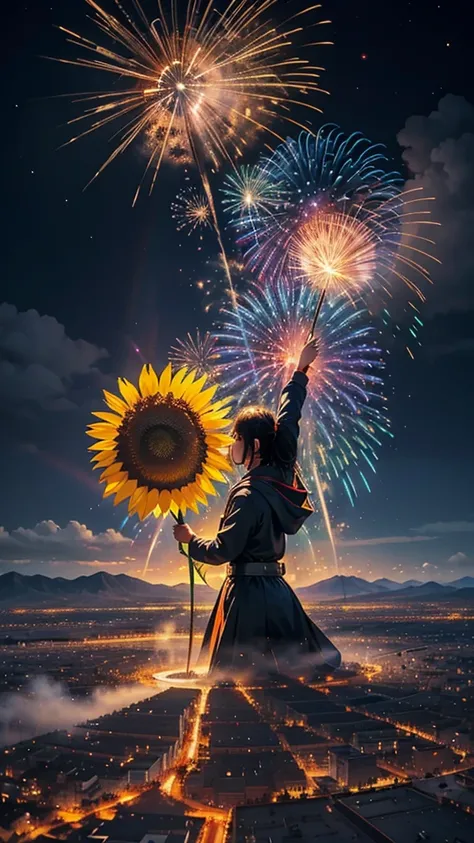 Landscape of sunflower field、firework、firework大会、Rainbow colorsのfireworkが打ちあがっている瞬間、夜nullとともに、、サイバーパンクなひまわり景色で壮大なfirework、future都市、Highest quality、masterpiece, (Diffuse reflection of light:1.2), When the fantastic rainbow turns into shadow, bathed in a mys...