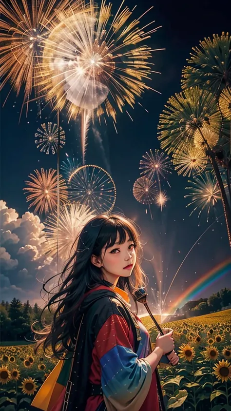 landscape of sunflower field、firework、firework大会、rainbow colorsのfireworkが打ちあがっている瞬間、夜nullとともに、、サイバーパンクなひまわり景色で壮大なfirework、future...