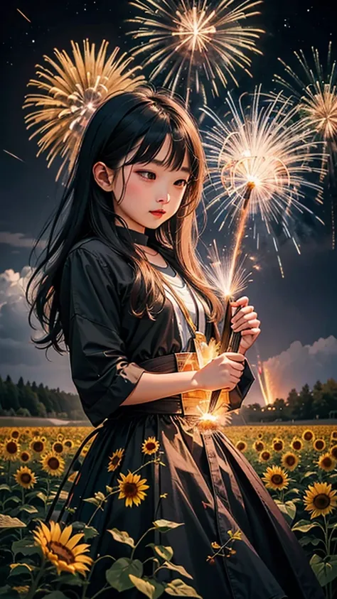 Landscape of sunflower field、firework、firework大会、Rainbow colorsのfireworkが打ちあがっている瞬間、夜nullとともに、、サイバーパンクなひまわり景色で壮大なfirework、future都市、Highest quality、masterpiece, (Diffuse reflection of light:1.2), When the fantastic rainbow turns into shadow, bathed in a mys...