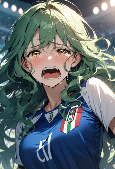 girl, beautiful, curly hair, long hair, yellow eyes, green hair, soccer shirt, italy soccer shirt, blue shirt, breasts, crying, tears