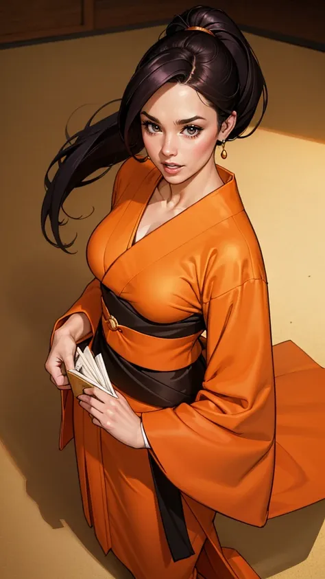 （（（perfect figure, 1girl, figure，xuer martial arts，orange kimono，orange kimono，black undershirt，（（（shihouin yoruichi，golden pupi...