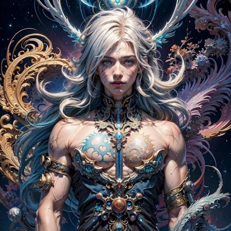 (masterpiece, top quality, best quality, official art, beautiful and aesthetic:1.2), (1boy - Seraphim), extreme detailed,(fractal art:1.3),colorful,highest detailed. (platinum fluffy hair down to the middle of the neck, scars on the face in the middle and ...