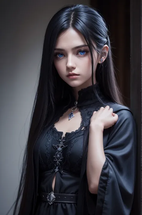 rpg character, latin, eleven, dark long hair, piercing blue eyes and dark clothes 