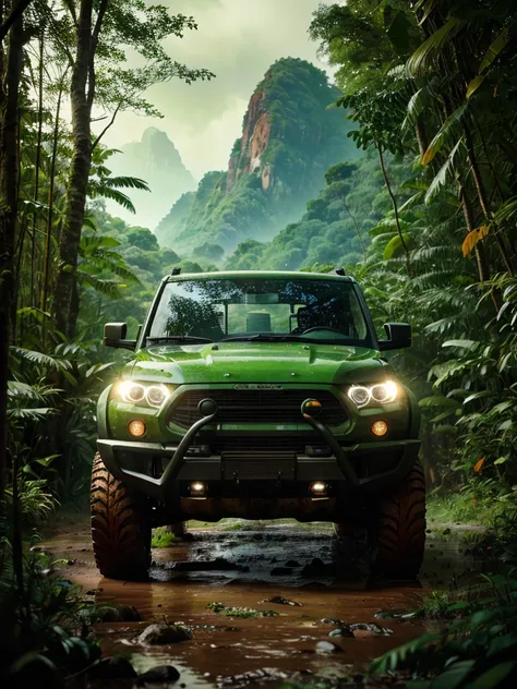 A rugged orange 4x4 vehicle drives through a muddy, rocky path in a lush, green jungle. Rain is falling, and the vehicle is covered in mud. The image is framed by tall trees and mountains in the distance. Write without spelling mistake, The text "ONE LIFE ...