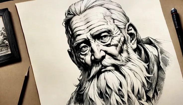 portrait of an old man with a big beard, Dry point engraving, extremely detaild, incubation, hyper realist, aquatint, line drawing, 真实感, lithography, Washi, trends on artstation, sharp focus, studio photo, details Intricate, highy detailed, por Greg Rutkow...