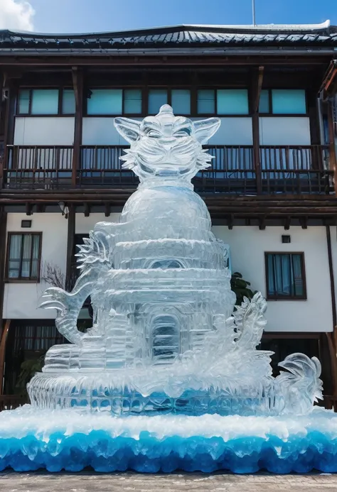 A giant ice sculpture of Okinawa&#39;s shisa is being made.、photograph、Realistic、Looking up from below、In Naha、