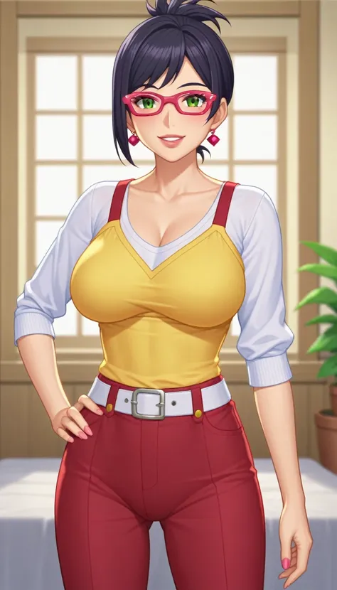 (Una chica anime de 27 años con camiseta morado azulado sin mangas informal de cuello alto parada frente a una estantería de libros:1.3), solo, personaje de anime femenino, visual anime de una mujer joven, Bob Haircut, red painted lips, thick lips, black h...