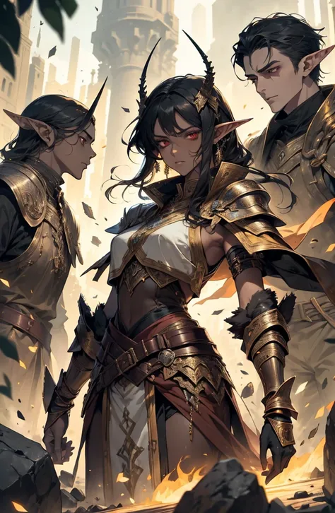 brown skin, older woman, sexy, tall, brown skin, one wing, black hair, elf, elf ears, horns, red eyes, sleeveless, armor, war, yellow, dramatic composition