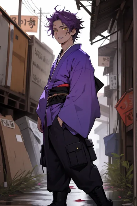 A boy, naughty man, adolescent, purple hair, yellow  eyes, posing, Wearing a kimono with black cargo pants, with messy hair