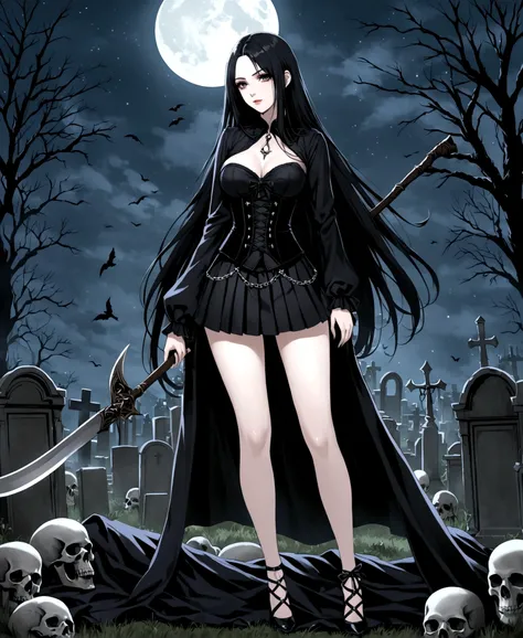 A woman, necromancer, beautiful, pale skin, scythe, at night, in a cemetery, surrounded by corpses, fitted clothes, black clothes, pleated mini-skirt, corset, low-cut blouse, hourglass body, shapely legs, medium hips, medium waist, medium breasts, extremel...