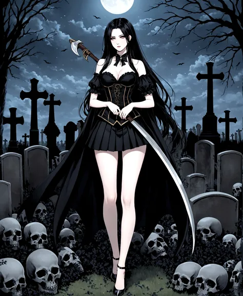 A woman, necromancer, beautiful, pale skin, scythe, at night, in a cemetery, surrounded by corpses, fitted clothes, black clothes, pleated mini-skirt, corset, low-cut blouse, hourglass body, shapely legs, medium hips, medium waist, medium breasts, extremel...