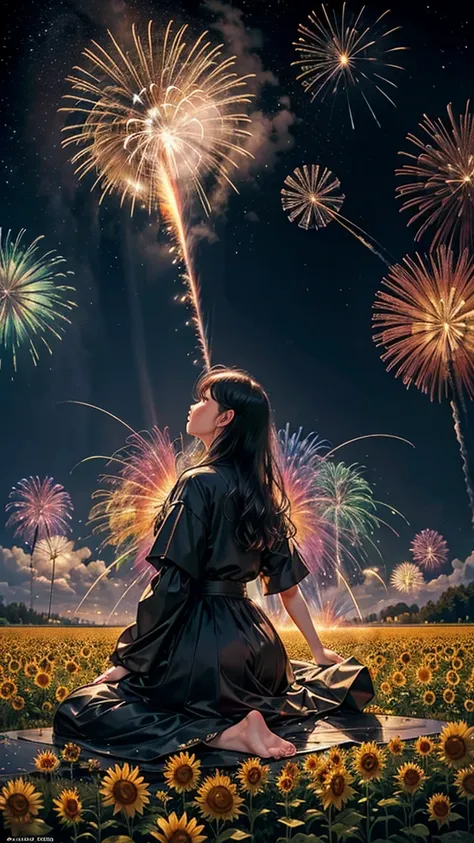 landscape of sunflower field、firework、firework大会、rainbow colorsのfireworkが打ちあがっている瞬間、夜nullとともに、、ひまわり景色で壮大なfirework、future都市、highe...