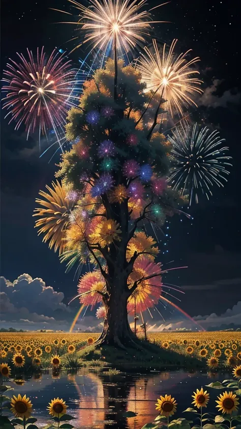 Landscape of sunflower field、firework、firework大会、Rainbow colorsのfireworkが打ちあがっている瞬間、夜nullとともに、、ひまわり景色で壮大なfirework、future都市、Highest quality、masterpiece, (Diffuse reflection of light:1.2), When the fantastic rainbow turns into shadow, bathed in a mystical at...