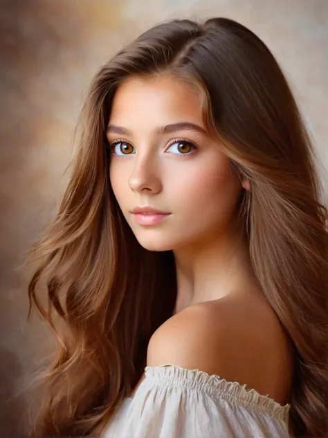 create a portrait profile photo of a girl with brown hair, light brown eyes, beautiful ultra realism photo taken with a professi...