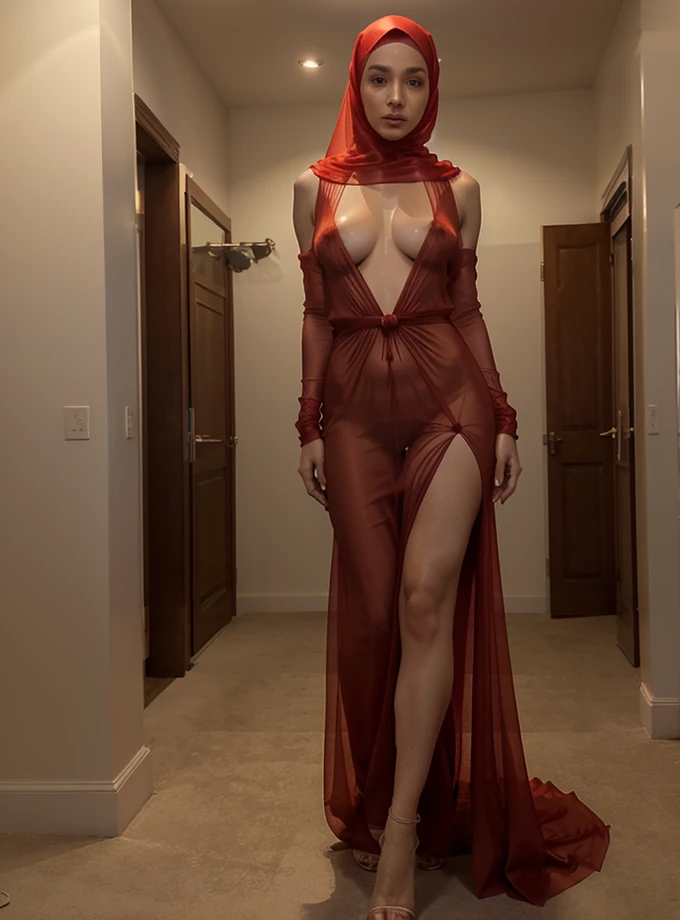 a woman in the translucent red silk gown, tight full body tied, transparent very long silk gown, nipple on with nipple piercing, full body expose under gown, modern hijab, full body, long tail gown,mermaid tight long gown, flowy dramatic long gown, tall wo...