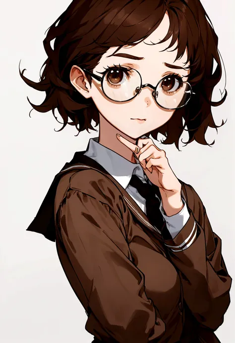 Girl with short brown hair, and brown eyes, wearing a school outfit, with black round glasses