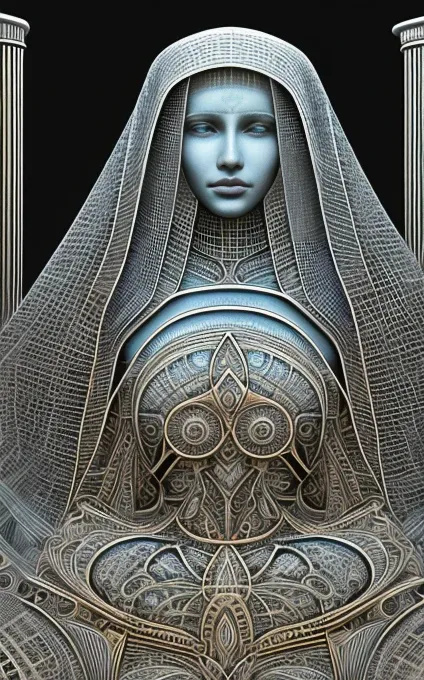  an intricate lymphatic system made of white and black is shaping the figure of the priestess of the silver star, the priestess is sitting before a veil between two pillars,female, uniting intelligence,dominant cold pale blue, silver, blue and silver rayed...