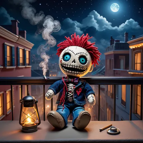 (knitted toy voodoo doll:1.5), (Voodoo Smoking on Balcony:1.3), (Clothing: casual t-shirt and jeans:1.0), (Accessories: cigarette, ashtray:1.1), (background: cityscape with floating smoke, glowing streetlights, and night sky:1.2), best quality, masterpiece...