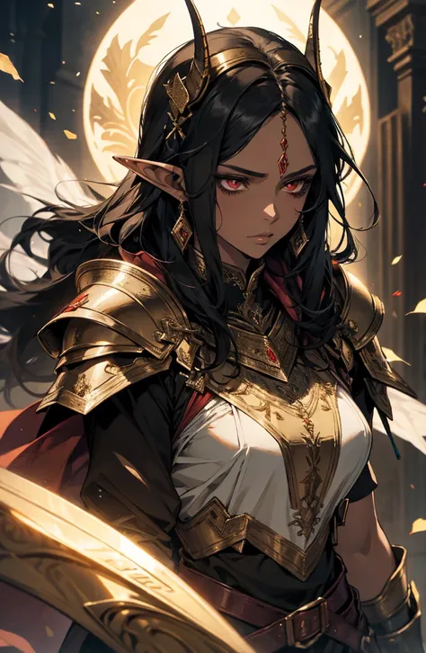 brown skin, older woman, sexy, tall, brown skin, bored, one wing, black hair, elf, elf ears, horns, red eyes, sleeveless, armor, yellow, night, dramatic composition