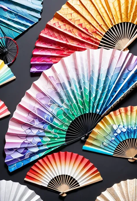 a multicolored colored japanese folding fan made of scales