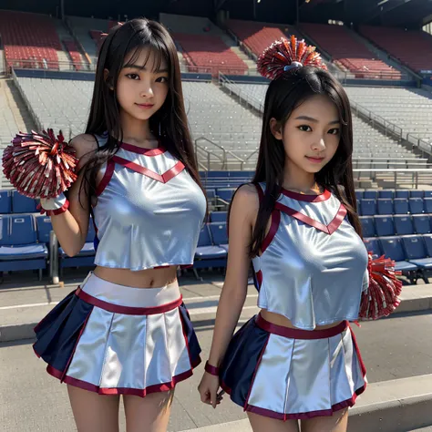 Highest quality，masterpiece，Ultra-high resolution, Very detailed, 8K，a 15 years old beautiful Japanese woman:1.5, Small face, Black Hair, blunt bangs, Breast Augmentation Surgery, (Gorgeous cheerleader costume:1.5), Stadium seats、　Detailed very smelly armp...