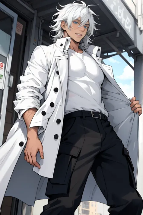 A boy, naughty man, adolescent, white hair, blue colored eyes, posing, Wearing a white shirt, black overcoat and black cargo pants, with messy hair