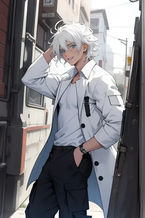 A boy, naughty man, adolescent, white hair, blue colored eyes, posing, Wearing a white shirt, black overcoat and black cargo pants, with messy hair