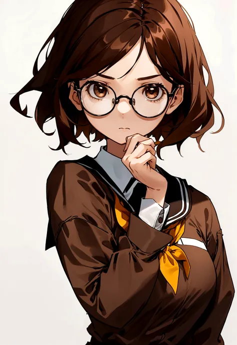 Girl with short straight brown hair, and brown eyes, wearing a school outfit, with black round glasses