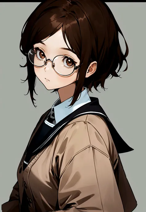 Girl with short straight brown hair, and brown eyes, wearing a school outfit, with black round glasses