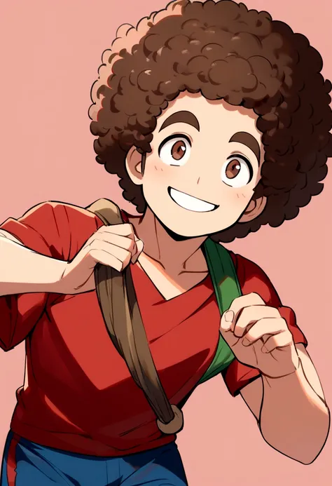 funny italian boy with brown afro hair, brown eyes, red shirt, red and blue shorts, with a sling on his hand, smile, no background